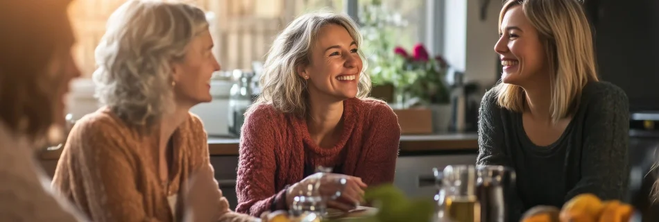 Vier Frauen sitzen zusammen an einem gedeckten Tisch. Sie sind in eine vertraute Unterhaltung vertieft.