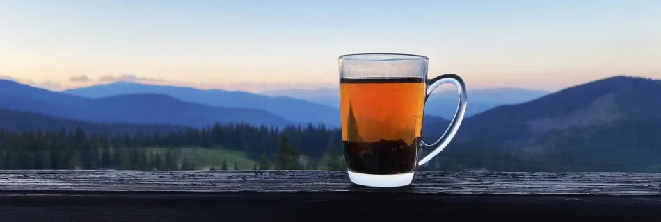 eine Aussicht auf bewaldete Hügelketten. Im Vordergrund ist eine Bank auf der eine gefülltes Teeglass steht